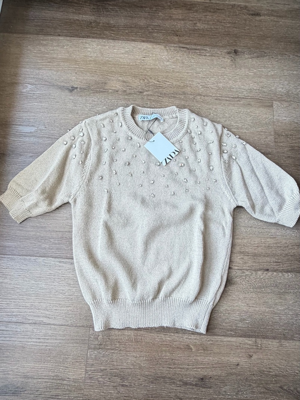 Zara rhinestone Embellished Cream Short Sleeve Sweater